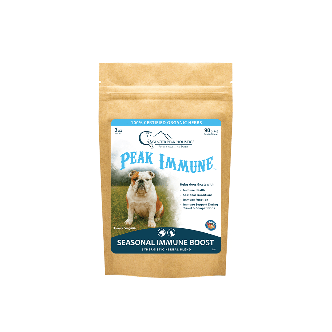 Peak Immune 3 oz organic herbal powder bag for seasonal immune boost for cats, dogs, and horses.