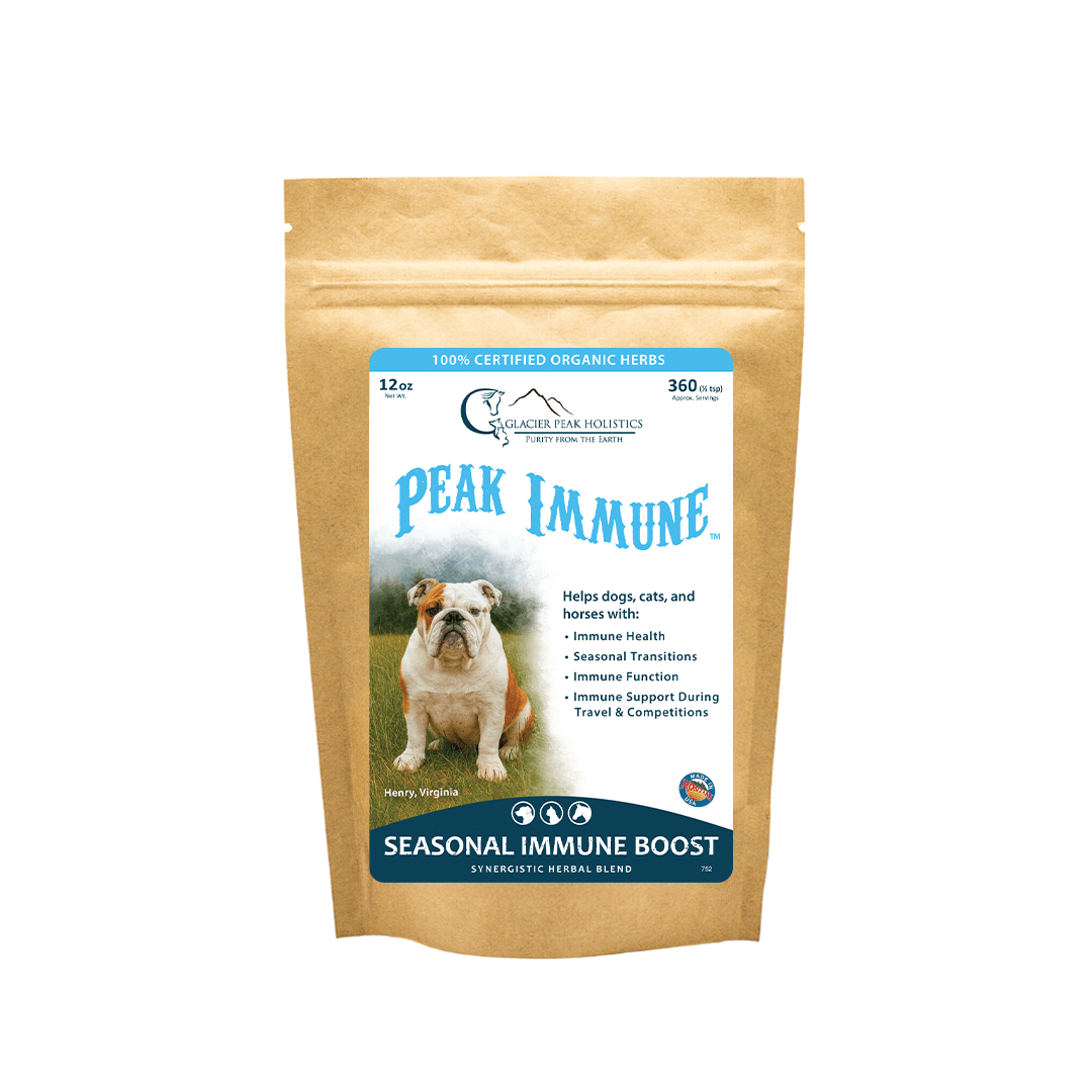 Peak Immune 12 oz organic herb powder bag for seasonal immune boost for cats, dogs, and horses.