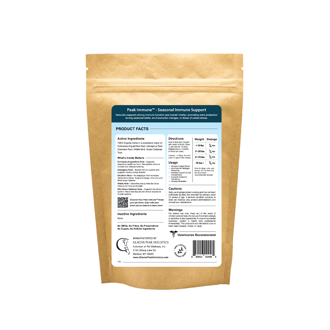 Back of 12 oz Peak Immune product label highlighting ingredients, directions, usage, dosage, cautions, and warnings. seaosnal immune boost for dogs cats and horses.
