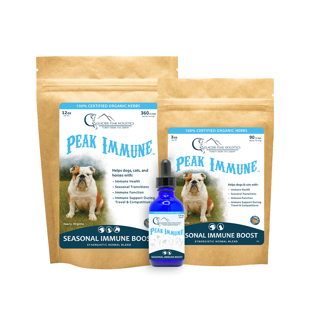Glacier Peak Holistics A 3oz bag, a 12oz bag, and tincture dropper bottle of Peak Immune support for dogs, cats, and horses. A collection of Seasonal Immune Support.