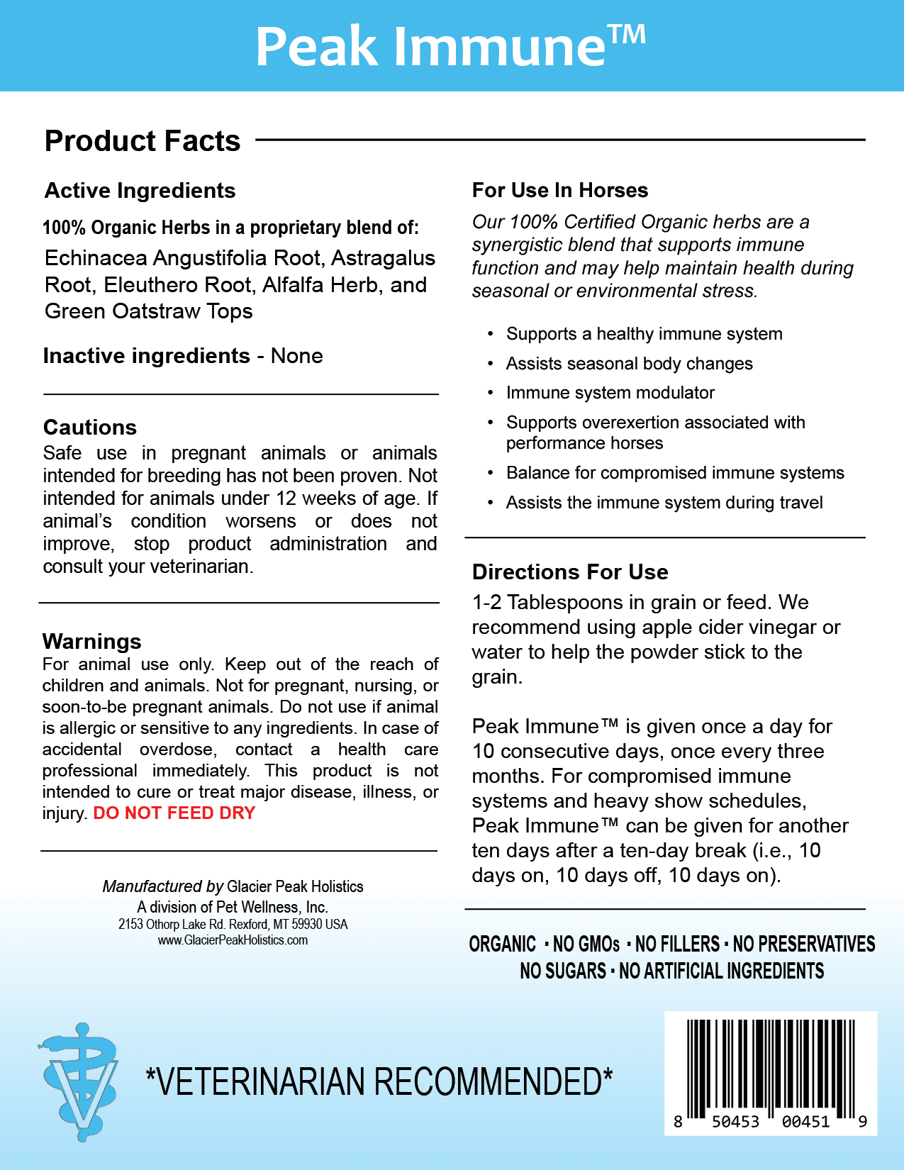 Peak Immune for horses product label , highlighting organic ingredients, usage directions, and veterinary recommendation.