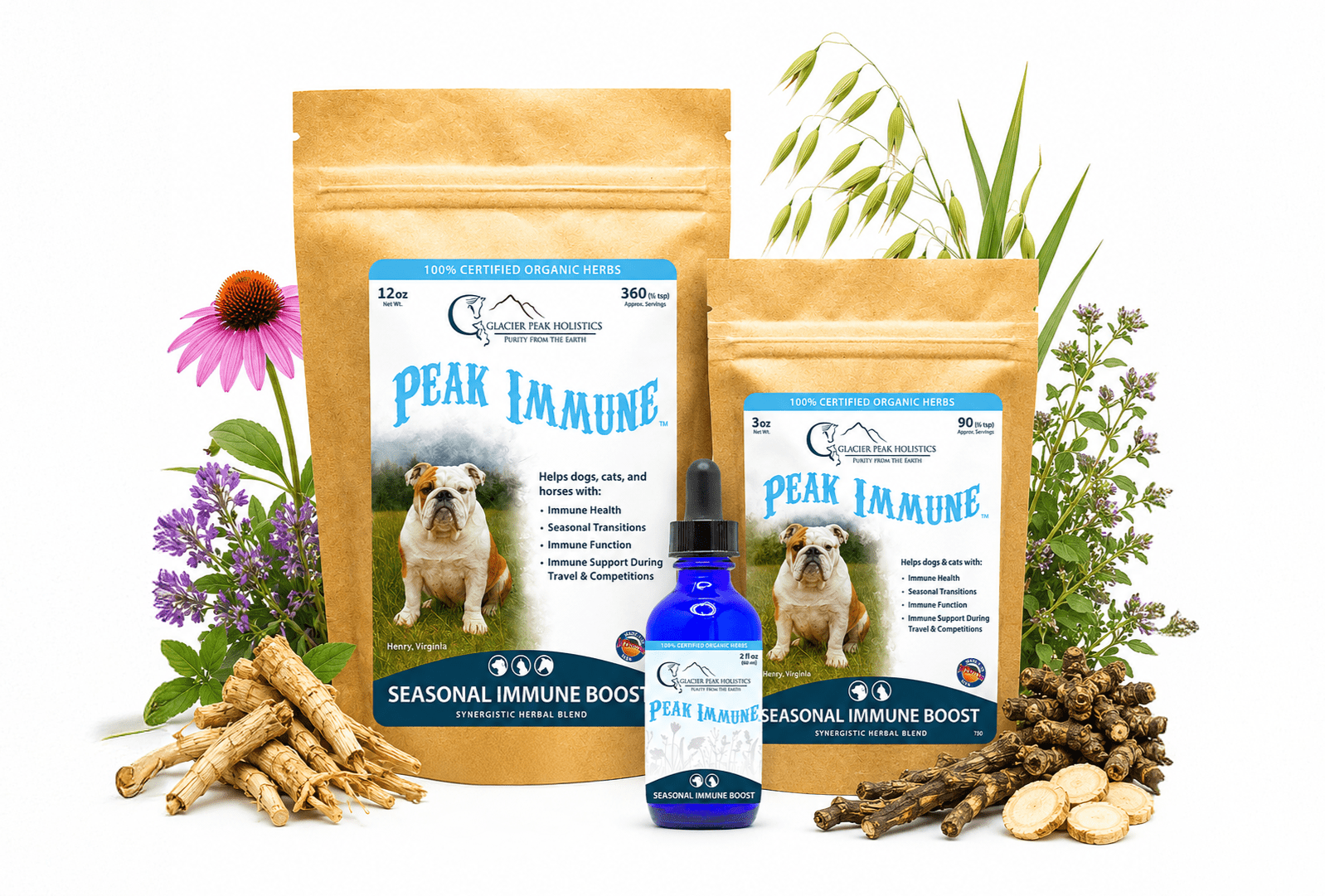 Two kraft paper pouches and a blue dropper bottle of Peak Immune herbal supplement surrounded by fresh herbs and roots.