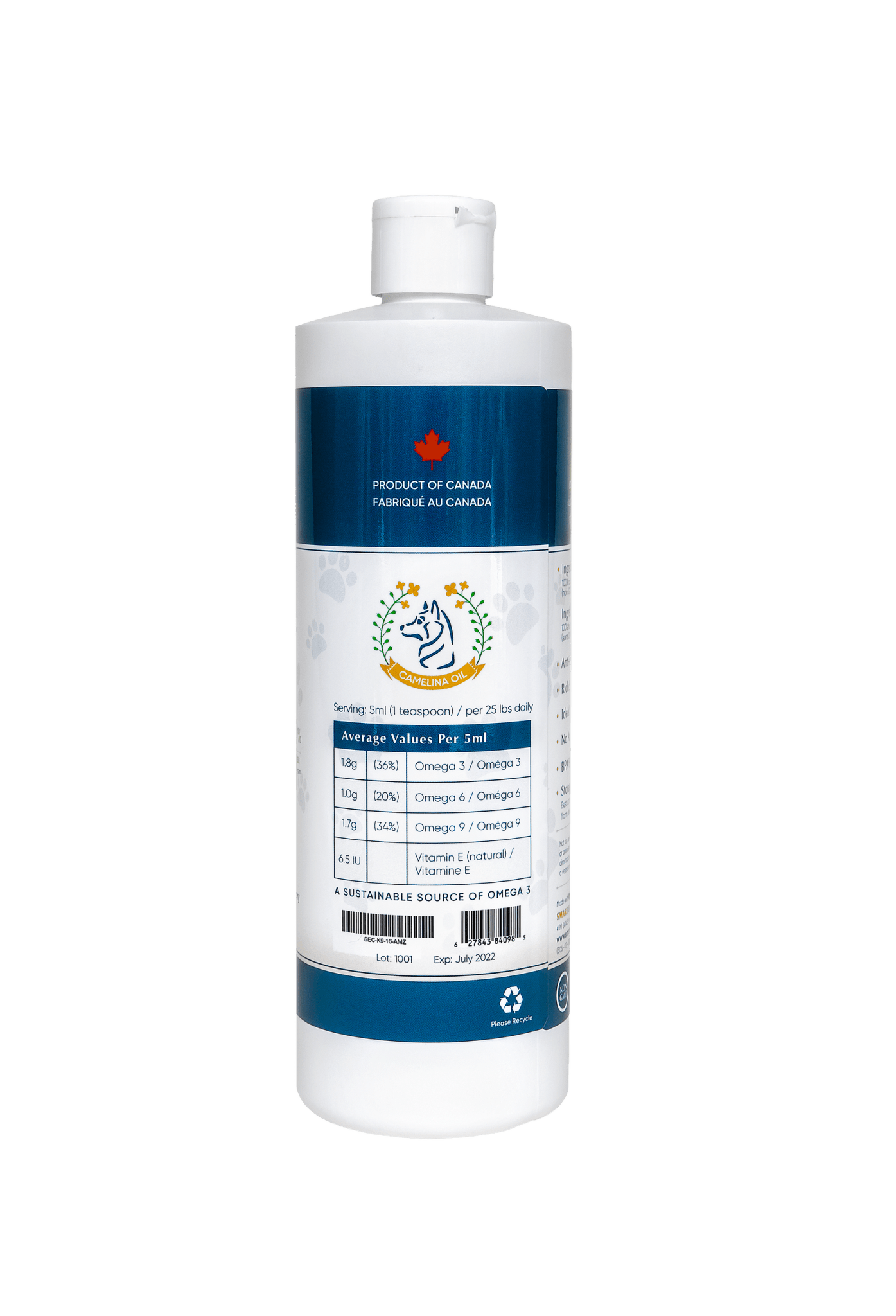 Back of Smart Earth Premium Camelina Oil for Dogs & Cats bottle with nutritional facts.