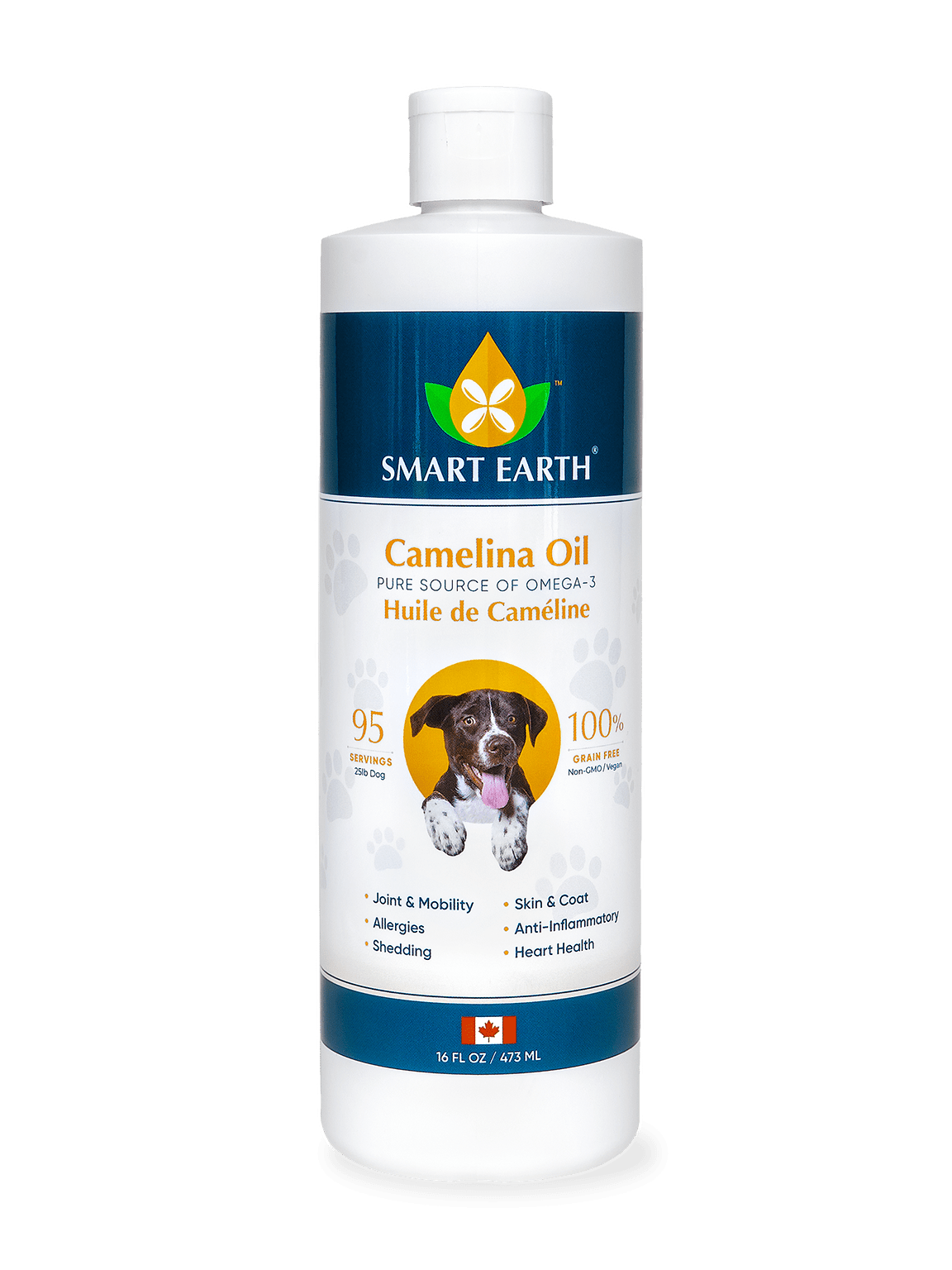 Smart Earth Premium Camelina Oil for Dogs & Cats bottle with a puppy image and product benefits.
