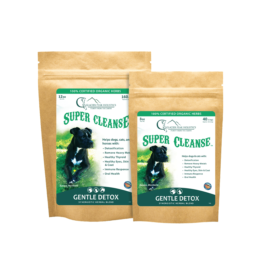 Glacier Peak Holistics collection of Super Cleanse pouches Gentle Detox For Dogs & Cats, a 12 oz and 3 oz organic herbs.