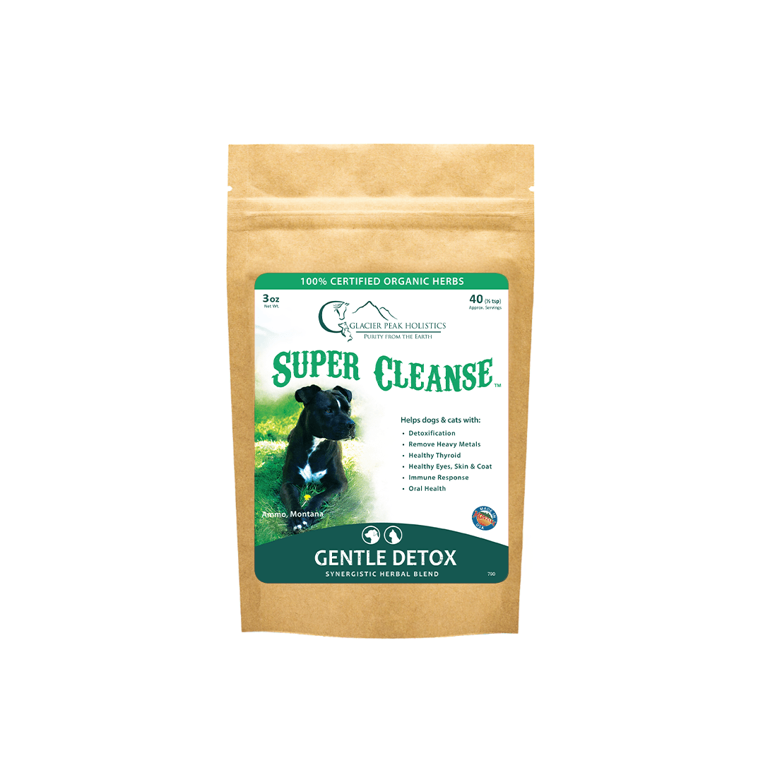 Glacier Peak Holistics 3 oz Super Cleanse Detox For Dogs & Cats pouch, standing upright.