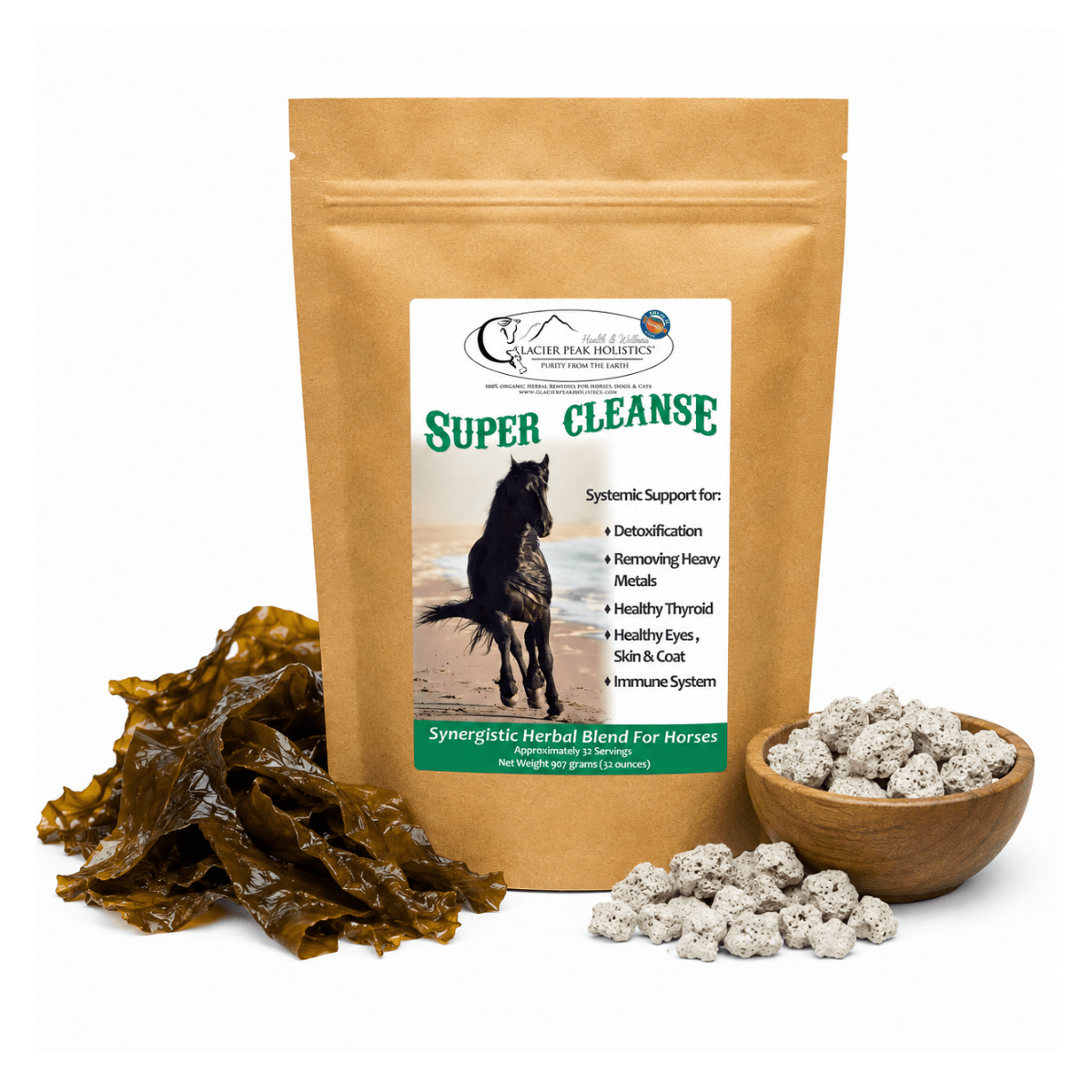 Super Cleanse supplement pouch with a horse label, dark kelp leaves, and a wooden bowl of grey clinoptilolite stones.