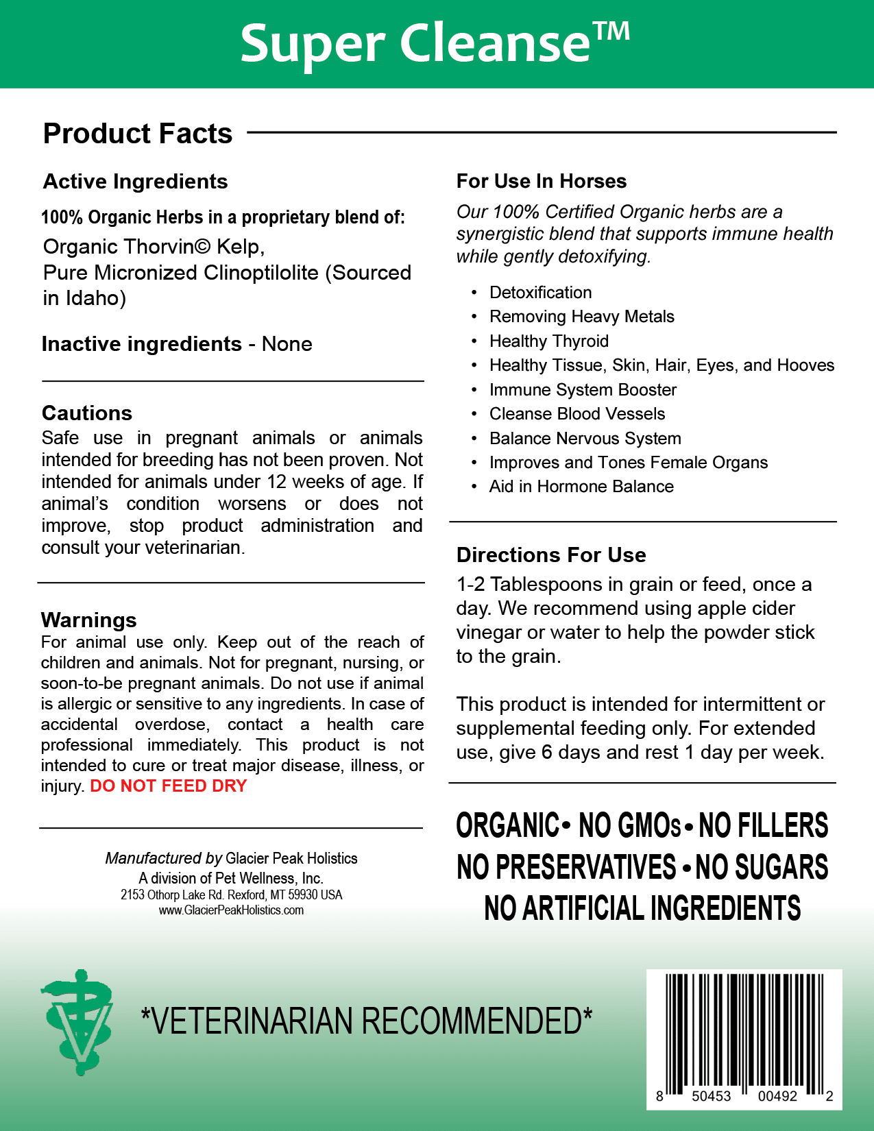 Super Cleanse for horses product label including active ingredients, inactive ingredients, cautions, warnings, and directions for use.