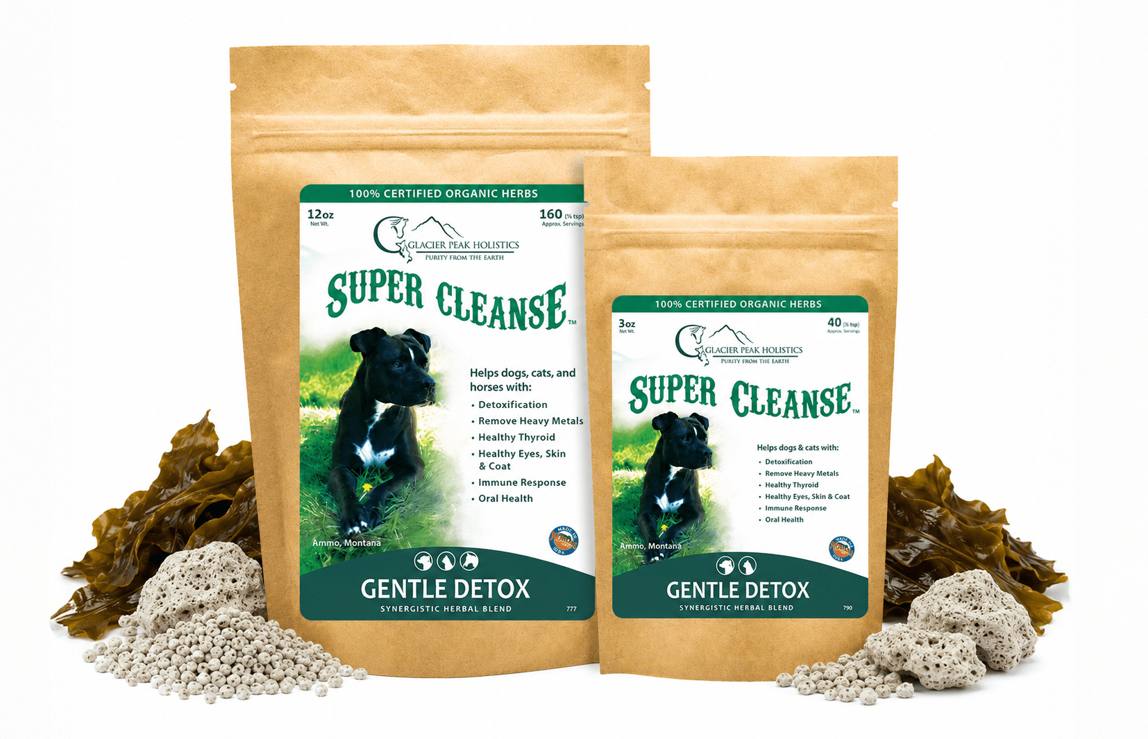 Two brown kraft pouches of Super Cleanse wellness supplement surrounded by kelp and porous mineral stones.