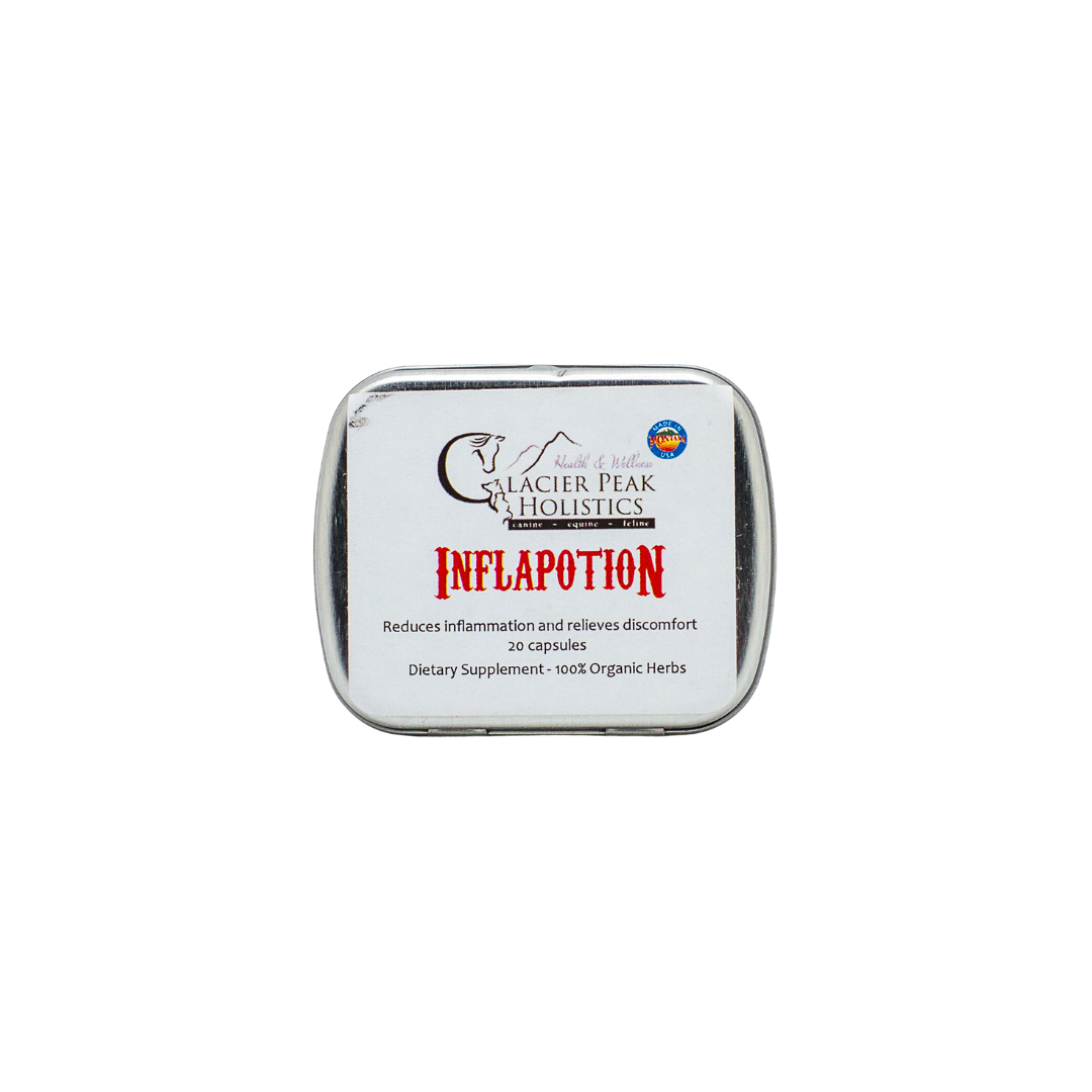 Glacier Peak Holistics Inflapotion For Dogs & Cats, a 20-capsule supplement in a tin, reduces inflammation and relieves discomfort.