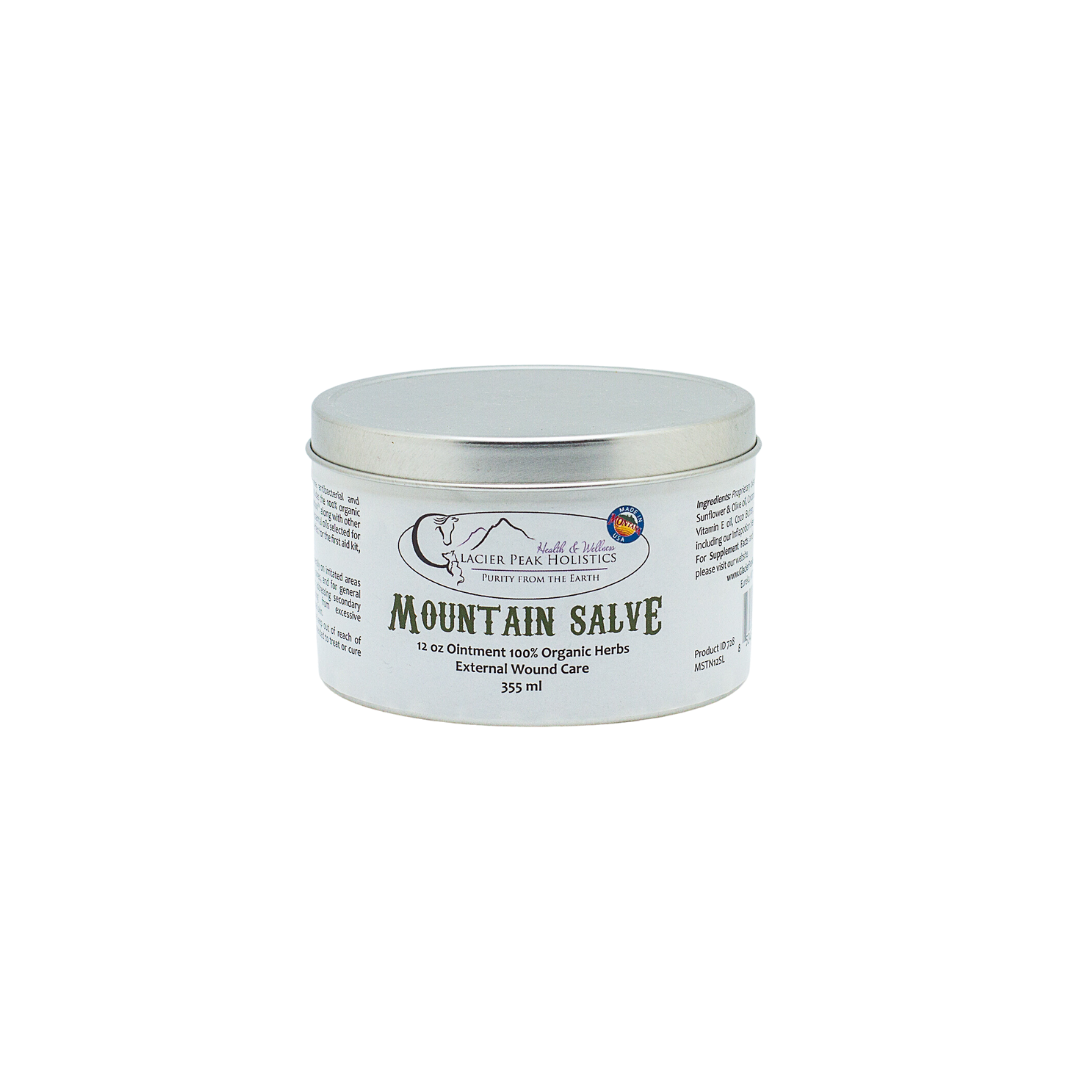 Glacier Peak Holistics 12 oz tin of Mountain Salve For dogs, cats, and horses, highlighting its natural ingredients for external animal wound care.