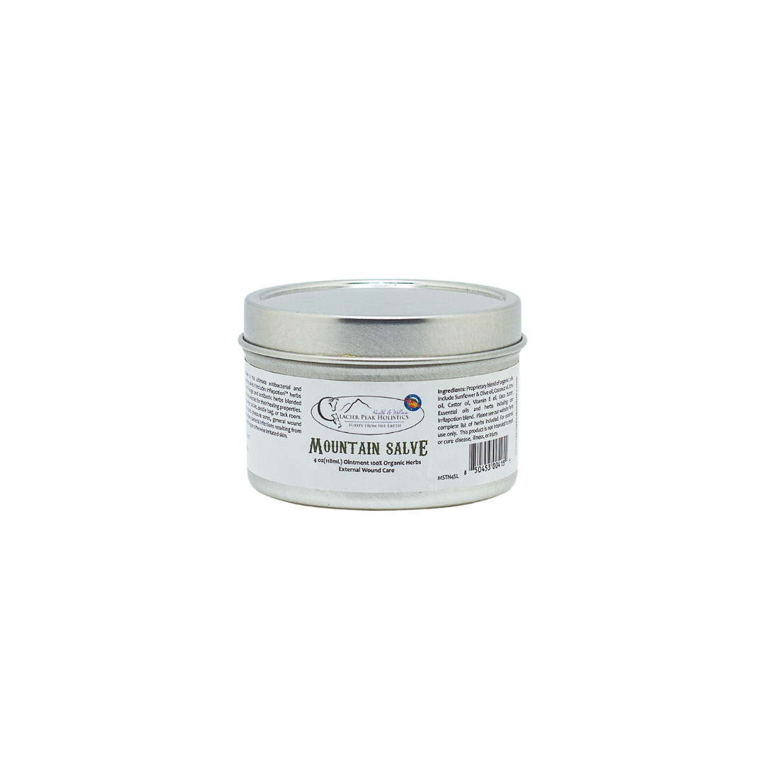 Glacier Peak Holistics Mountain Salve For All Pets in a 4 oz metal tin, with ingredients and product information visible.