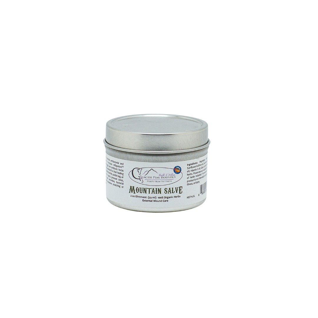 A 2 oz Glacier Peak Holistics ointment, round tin of Mountain Salve For All Pets is displayed, showing the product label and ingredients.
