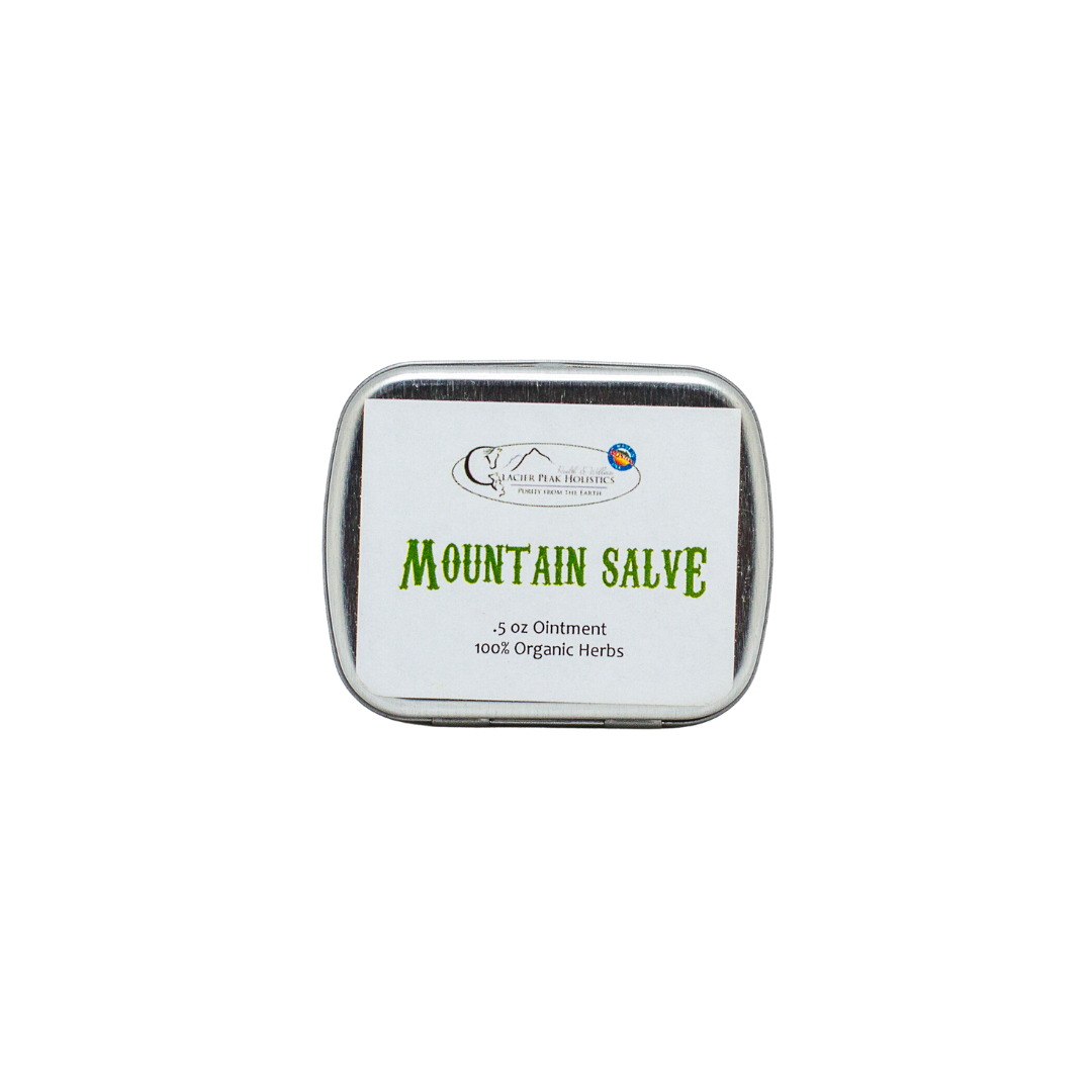 Glacier Peak Holistics Mountain Salve is a 0.5 oz ointment for animals, made with organic herbs.