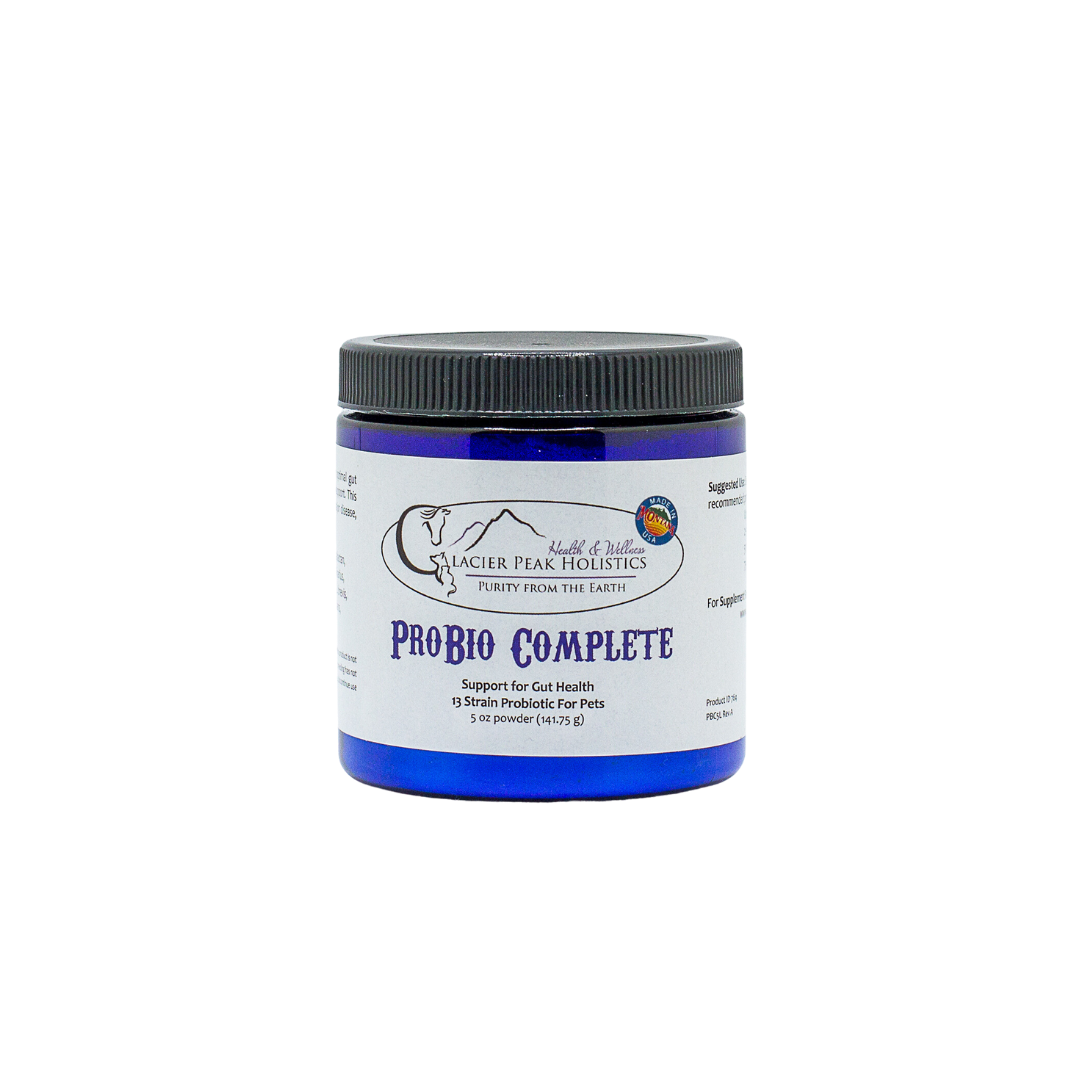 ProBio Complete, 5 oz powder of probiotics for dogs and cats, in a blue jar with a black lid.