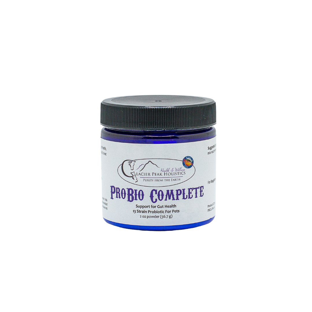 ProBio Complete, 2 oz powder of probiotics for dogs & cats, in a blue jar with a black lid.