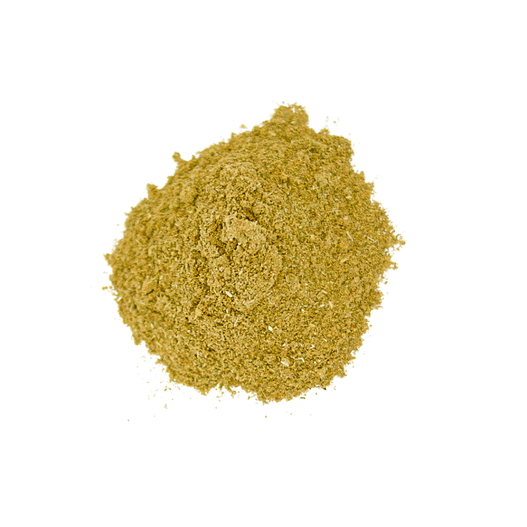 Glacier Peak Holistics HerbAprin A small pile of fine, light greem powder of HerbAprin for Dogs, viewed from above on a white background.
