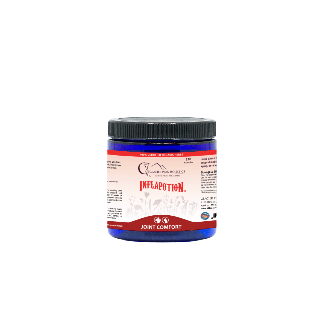 Glacier Peak Holistics Inflapotion For Dogs & Cats, 120 capsules of a blue jar with a label indicating inflammation and tissue support. 100% organic herbs