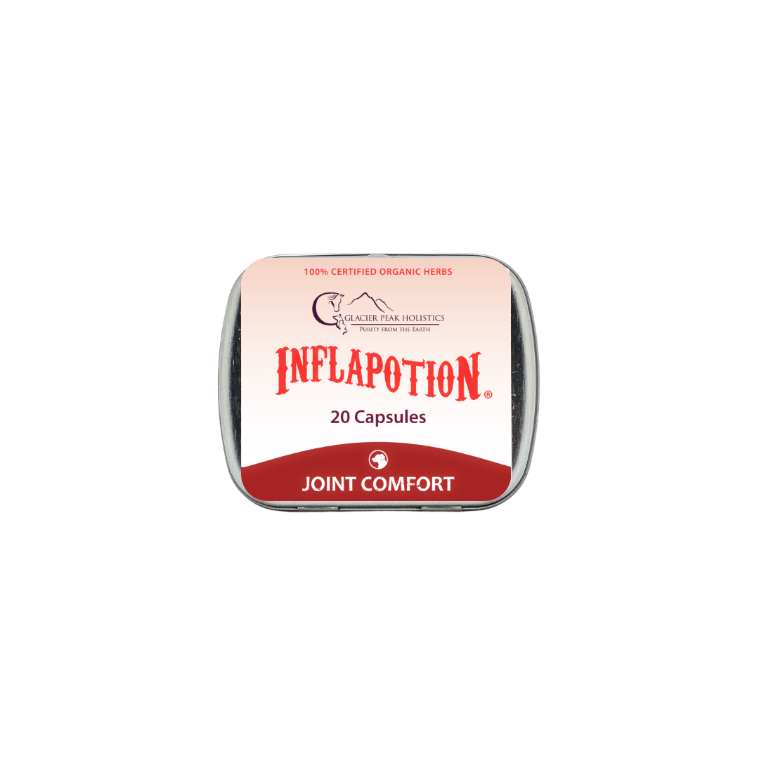 Glacier Peak Holistics Inflapotion For Dogs & Cats, a 20-capsule supplement in a tin, reduces inflammation and relieves discomfort.