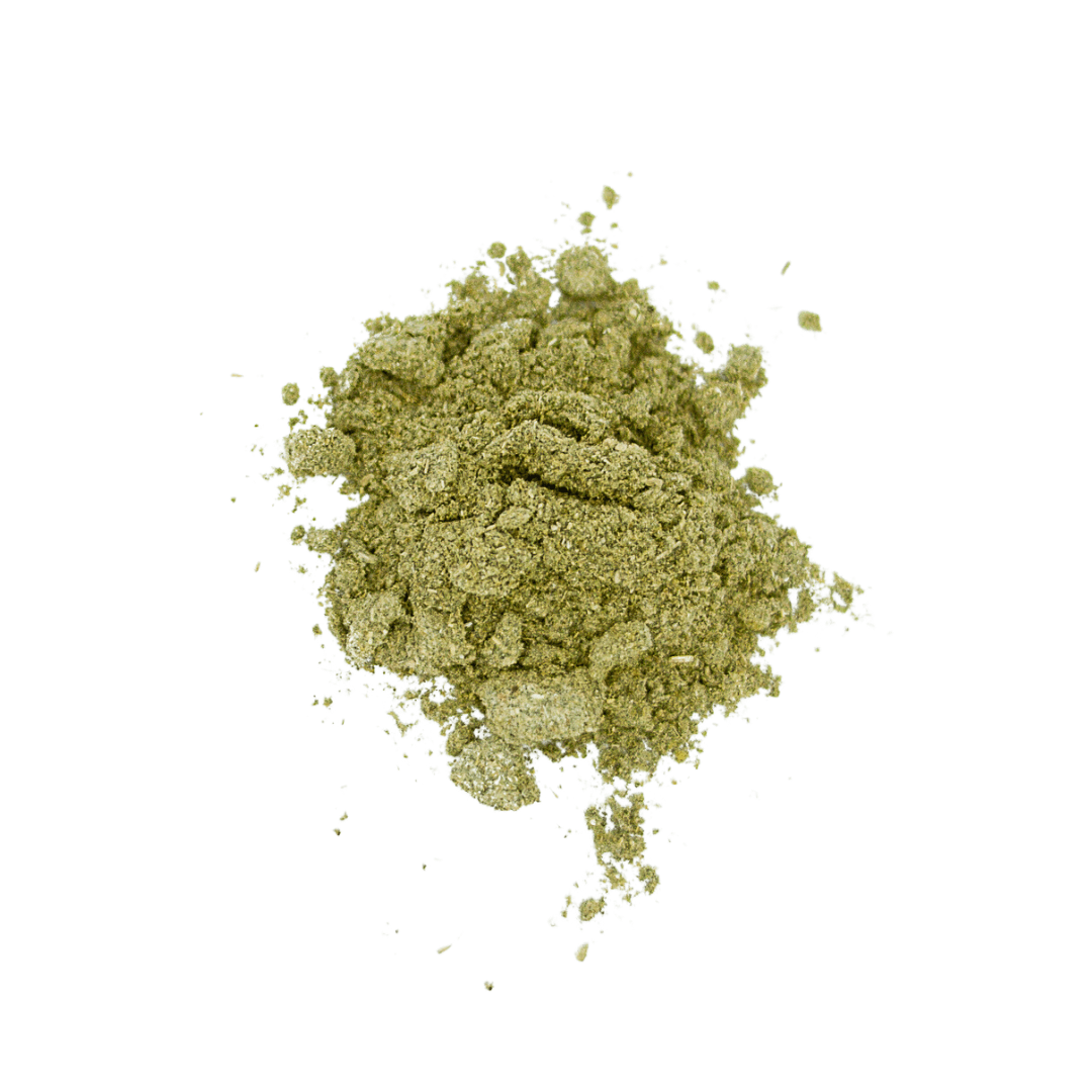 A pile of green Glacier Peak Holistics Inflapotion Powder for Horses on a white background.