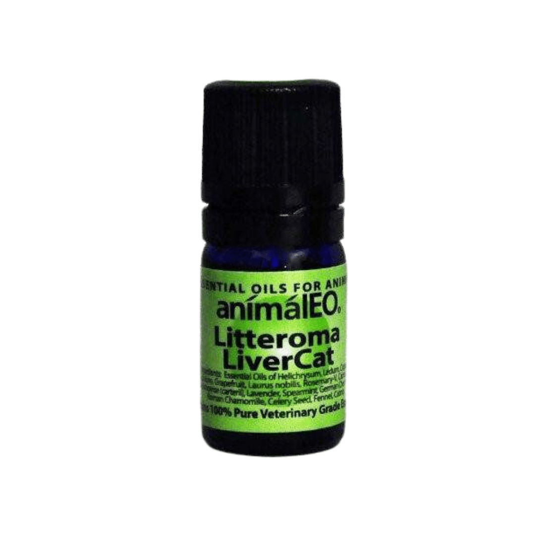 animalEO A small blue bottle of Litteroma Liver Cat 5ml essential oil blend, designed for felines.