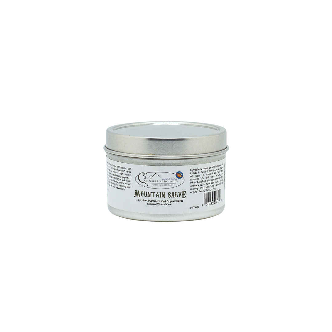 Glacier Peak Holistics Mountain Salve For All Pets in a 4 oz metal tin, with ingredients and product information visible.