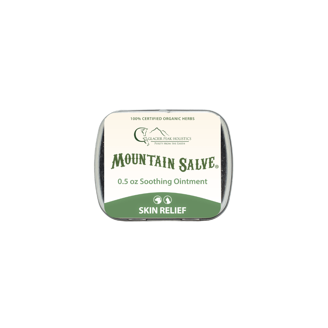 Glacier Peak Holistics Mountain Salve is a 0.5 oz ointment for animals, made with organic herbs.