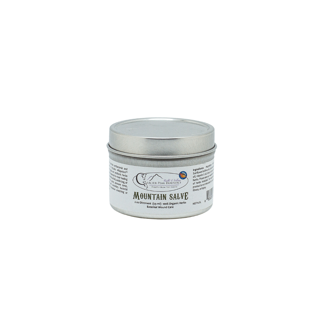 A 2 oz Glacier Peak Holistics ointment, round tin of Mountain Salve For All Pets is displayed, showing the product label and ingredients.