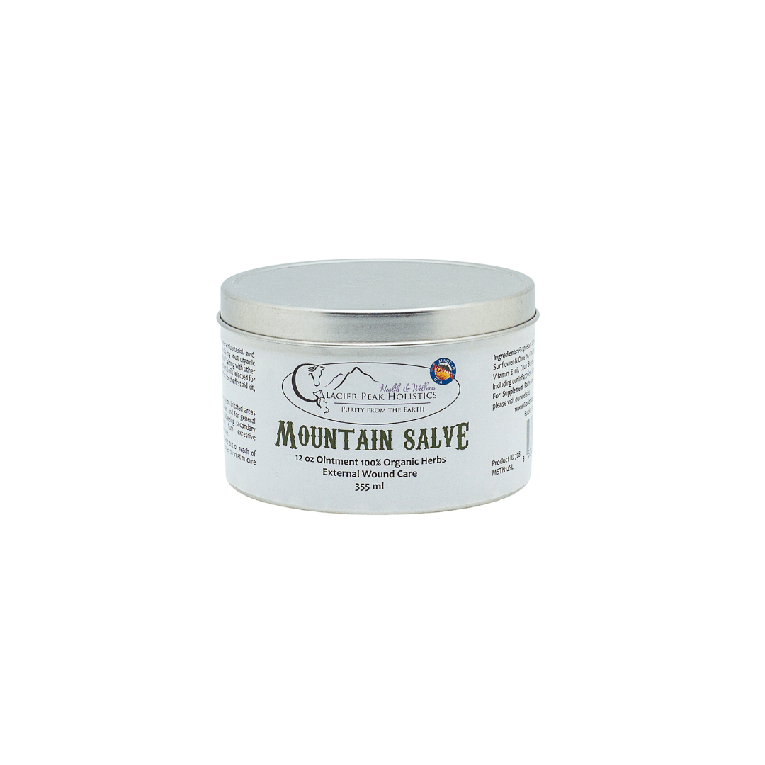 Glacier Peak Holistics 12 oz tin of Mountain Salve For dogs, cats, and horses, highlighting its natural ingredients for external animal wound care.