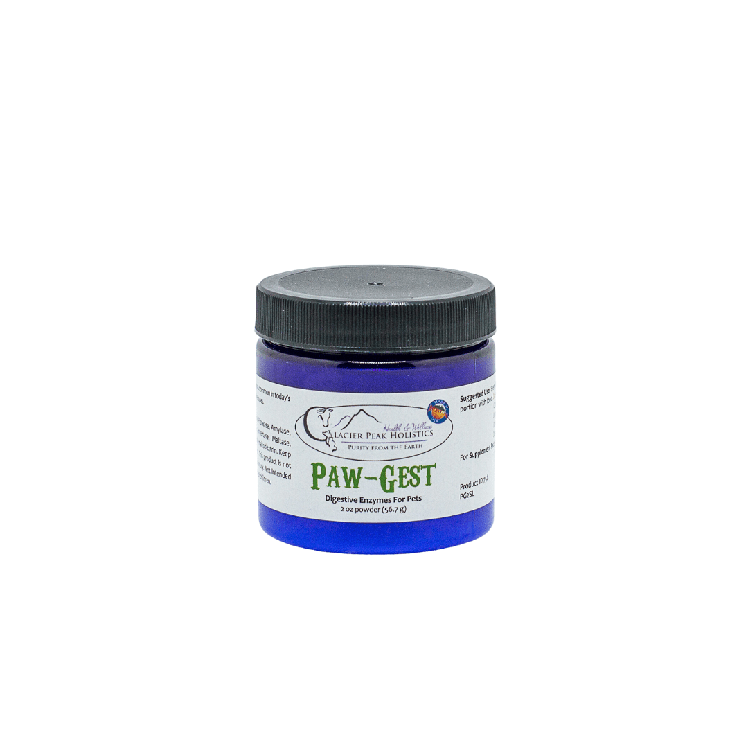 A blue jar of 2 oz Paw-Gest Digestive Enzymes For Dogs & Cats, a supplement to aid pet digestion.