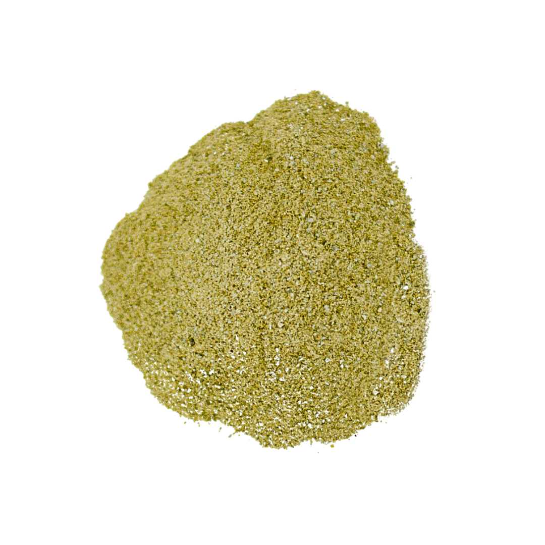 A pile of Super Cleanse Detox For Dogs & Cats supplement powder. 100% organic herbs